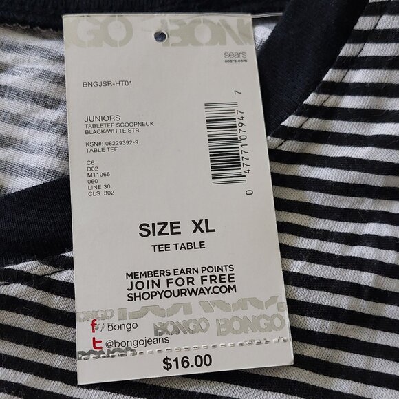 BONGO Short Sleeve Black & White Stripe Tee - XL (Juniors) - Picture 6 of 9